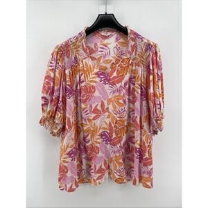 terra & sky Tunic Top Women's 3X Pink Orange Floral Tropical Short Sleeve